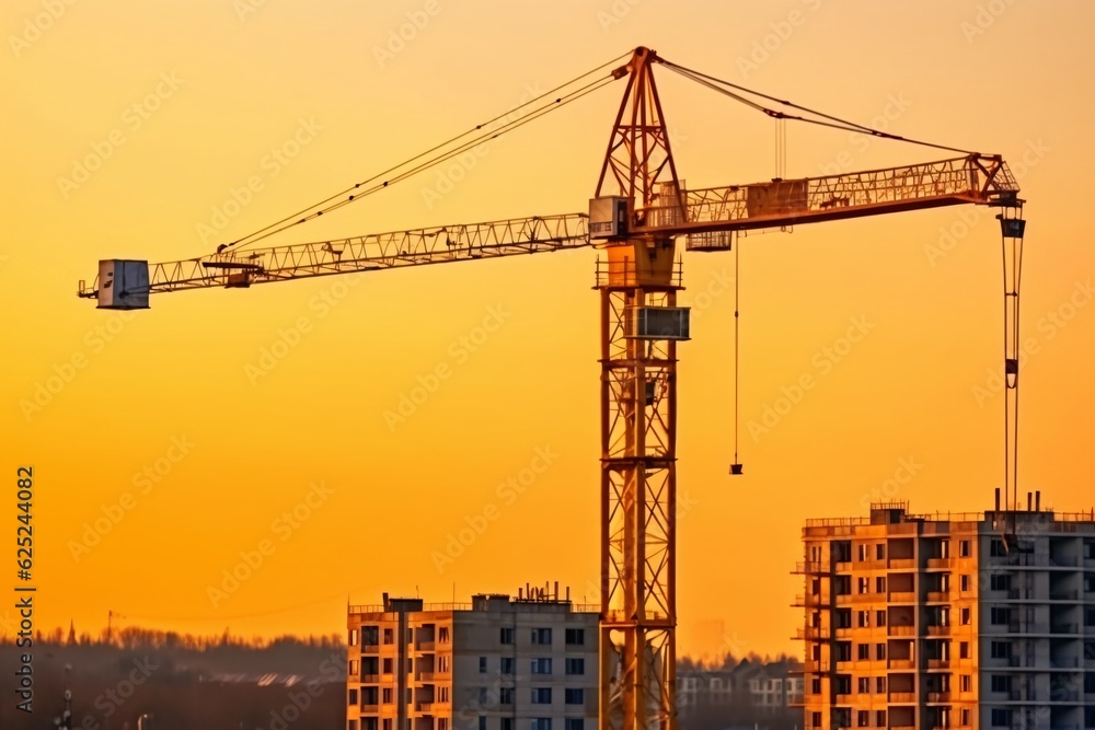 Construction crane at the construction site of a high-rise building. Tower crane and building under construction, Generative AI technology. Construction crane at the construction site of a high-rise building. Tower crane and building under construction, Generative AI technology.