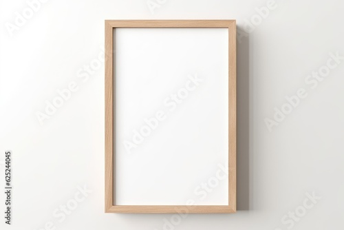 One empty frame hanging on a wall, brown wooden frame, portrait, mockup, generative AI