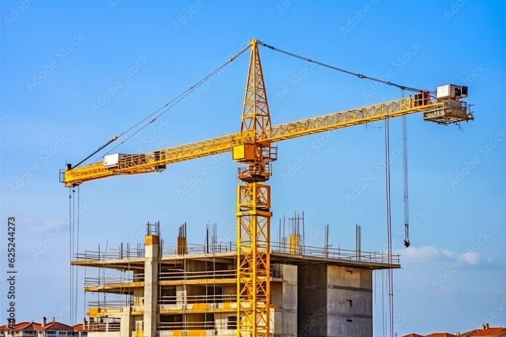 Construction crane at the construction site of a high-rise building. Tower crane and building under construction, Generative AI technology. Construction crane at the construction site of a high-rise building. Tower crane and building under construction, Generative AI technology.