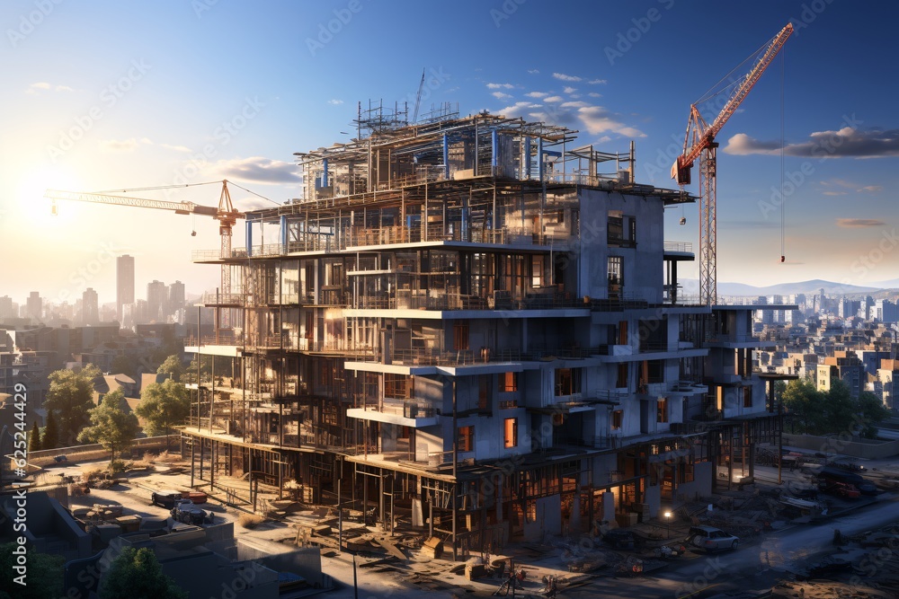 Construction site with cranes and building under construction. Crane at a construction site. Generative AI technology.