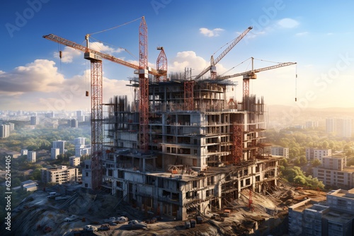 Construction site with cranes and building under construction. Crane at a construction site. Generative AI technology.