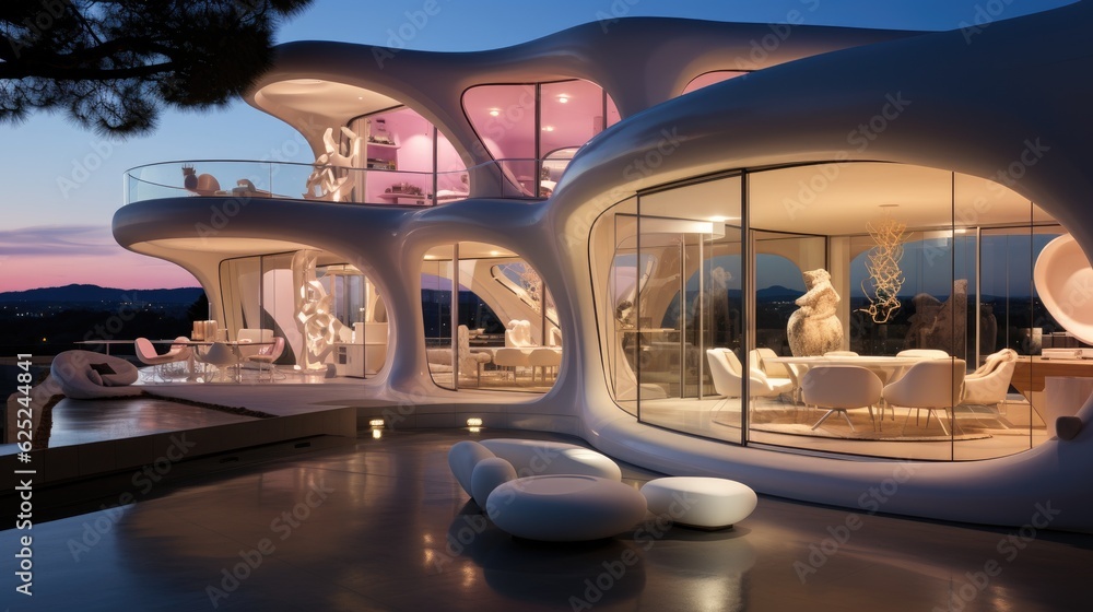 Fototapeta premium Modern Futuristic House with large Windows. Generative AI