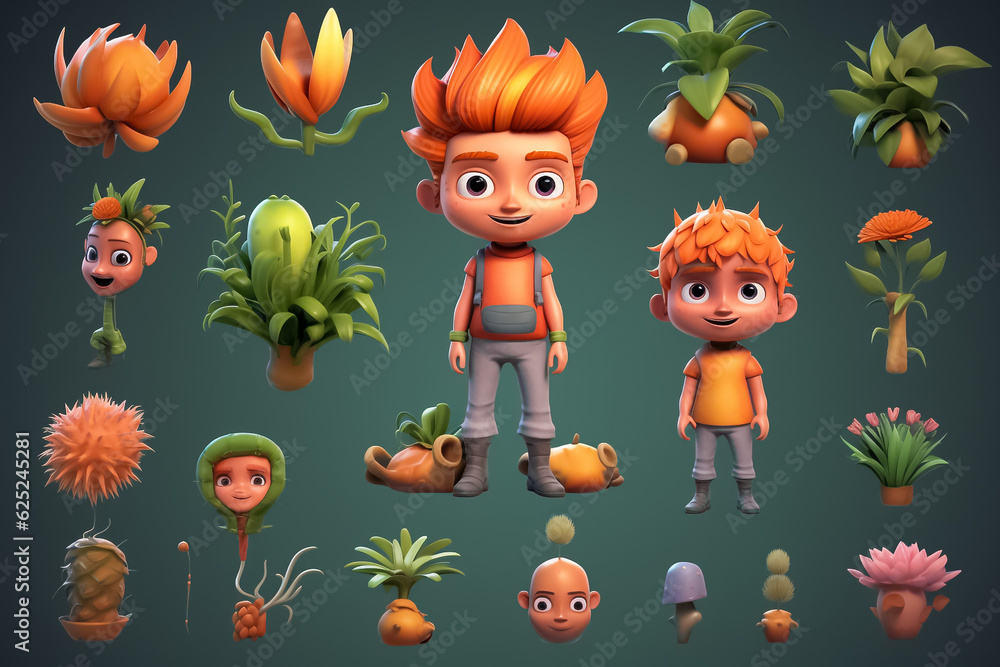 Naklejka premium Vegetables and fruits character collection and icons funny stylized sketch cartoon characters. Generative AI.