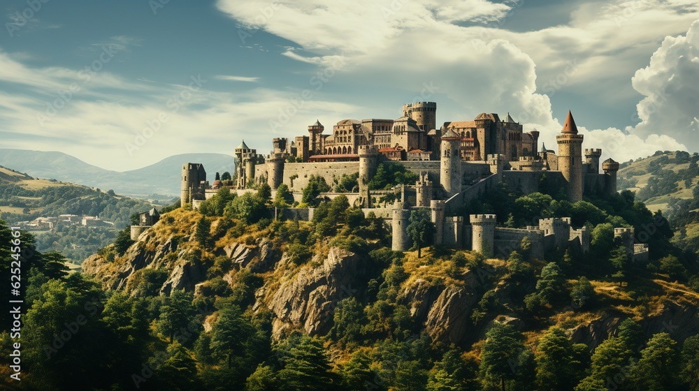  a castle on top of a mountain surrounded by trees and mountains.  generative ai