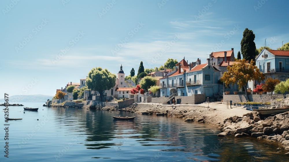  a row of houses on the shore of a lake with a boat in the water.  generative ai