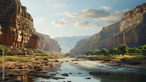  a river running through a canyon surrounded by rocky mountains and trees. generative ai