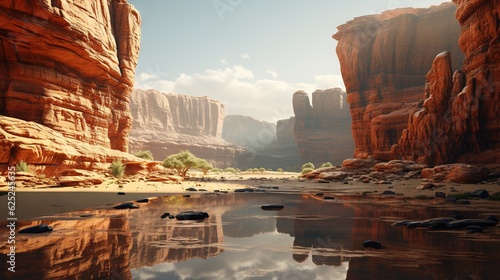  a river in a canyon surrounded by red rocks and cliffs. generative ai
