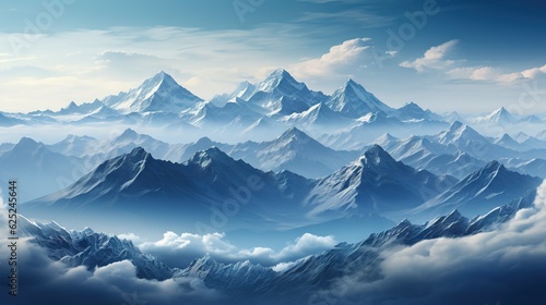  a painting of a mountain range in the sky with clouds.  generative ai © Jevjenijs