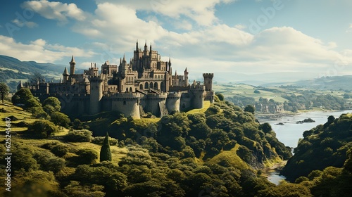 a castle on top of a hill with a lake in front of it. generative ai