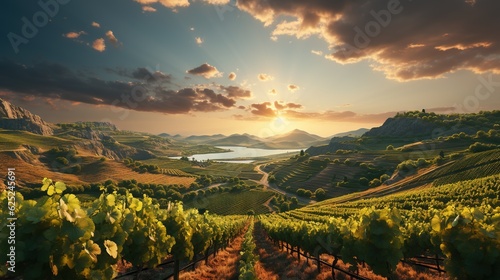  a scenic view of a vineyard with a lake in the distance. generative ai