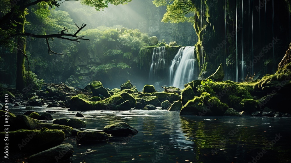  a stream running through a lush green forest filled with rocks.  generative ai