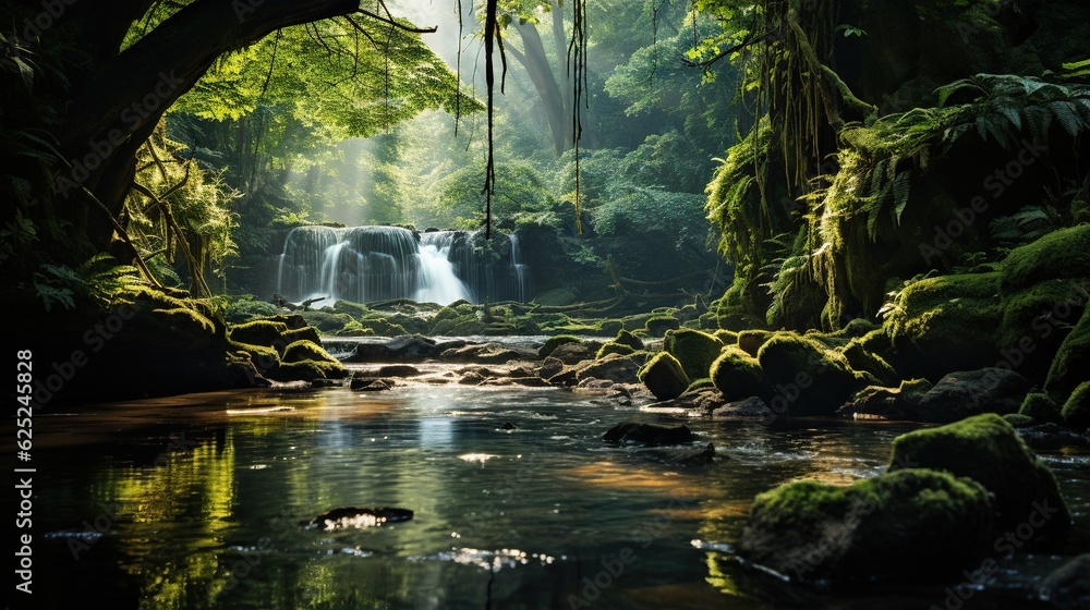 a stream running through a lush green forest next to a waterfall. generative ai a stream running through a lush green forest next to a waterfall. generative ai
