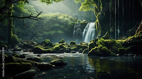 a stream running through a lush green forest filled with rocks.  generative ai © Jevjenijs