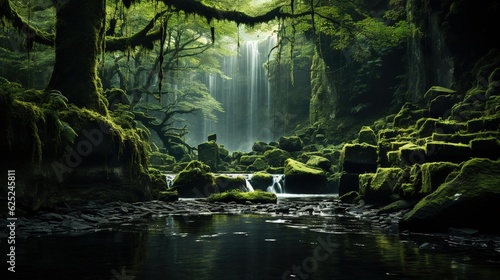  a stream running through a lush green forest filled with trees. generative ai