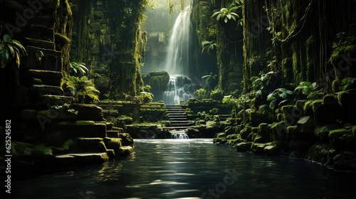  a waterfall in the middle of a jungle with steps leading up to it. generative ai