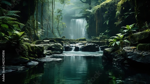  a waterfall surrounded by lush green trees and rocks in a forest.  generative ai