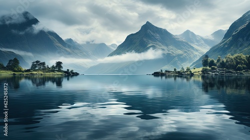 a lake surrounded by mountains and trees under a cloudy sky. generative ai