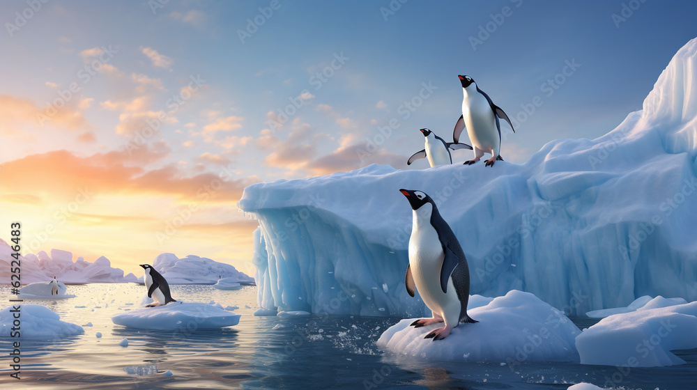 penguins jump on ice floes into the ocean - obrazy, fototapety, plakaty 