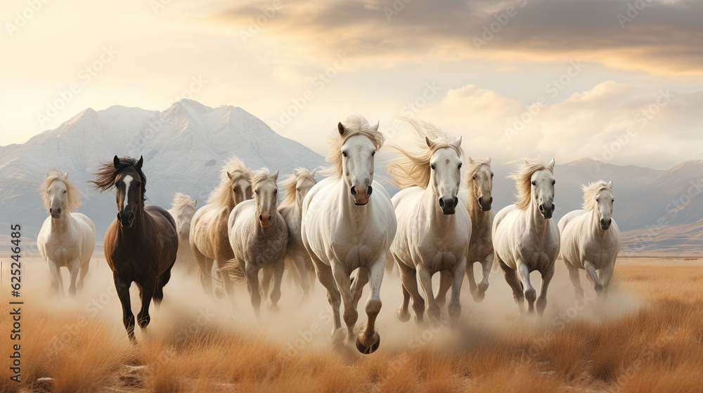  a group of horses running in a field with mountains in the background.  generative ai