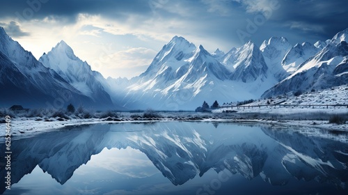  a mountain range with a lake in the foreground and snow covered mountains in the background.  generative ai © Jevjenijs