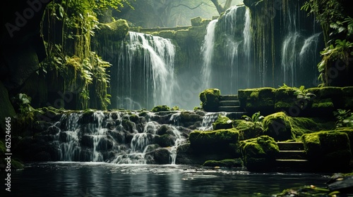  a waterfall with moss growing on the rocks and water running down it.  generative ai