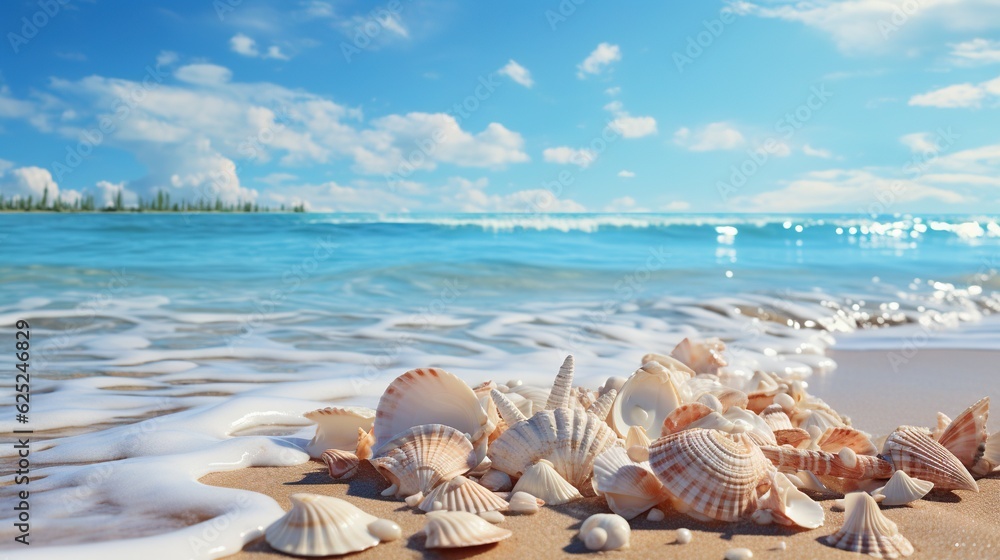 a bunch of seashells on a beach with the ocean in the background. generative ai a bunch of seashells on a beach with the ocean in the background. generative ai