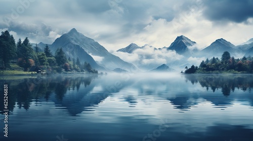  a lake surrounded by mountains and trees under a cloudy sky.  generative ai © Jevjenijs