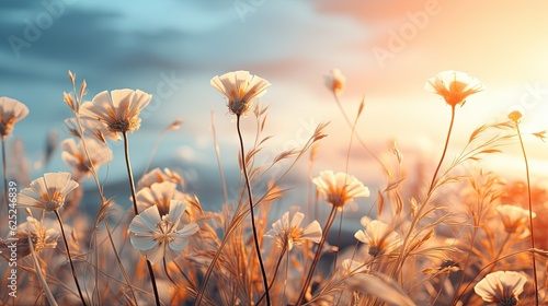  a field of flowers with the sun in the background and a blue sky. generative ai
