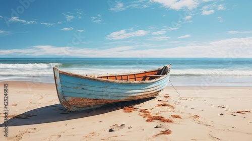  a boat sitting on top of a sandy beach next to the ocean. generative ai