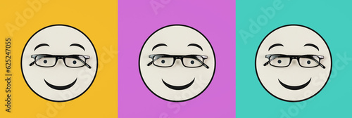 Head with a smiling face and eyeglasses, mental health concept, positive mindset, support and evaluation symbol