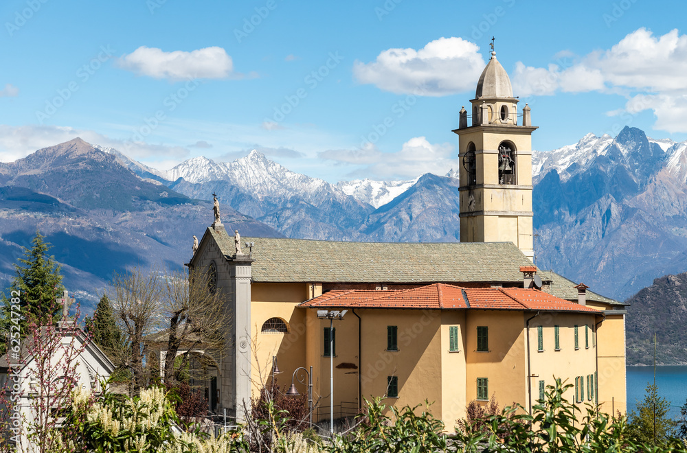 View of the Church of Sant Michele above Lake Como in Vignola, Province of Como, Lombardy, Italy