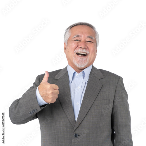 Asian senior businessman , old man with suit giving a thumb up hand on white background with copy space - lifestyle senior male concept