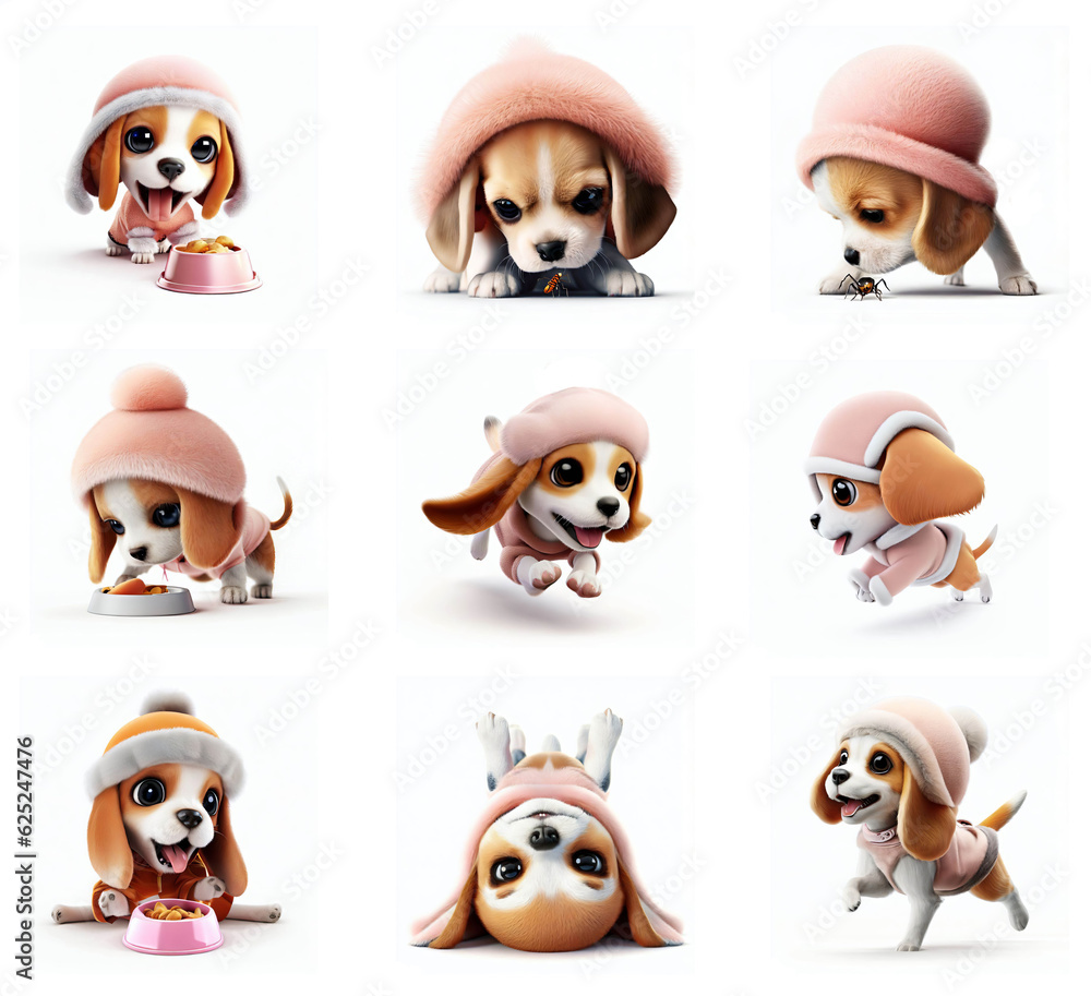 A cute Beagle puppy playing in a pink hat illustration set of 9 poses isolated on white background A cute Beagle puppy playing in a pink hat illustration set of 9 poses isolated on white background