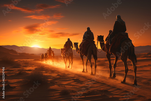 Birth of Jesus Christ in Bethlehem, three kings riding on camels through the desert night , religion and faith of christianity, bibical story of Christmas, generative AI 