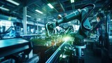 Engineer check and control welding robotics automatic arms machine in factory automotive industrial. blurred digital manufacturing operation. Industry. generative ai.