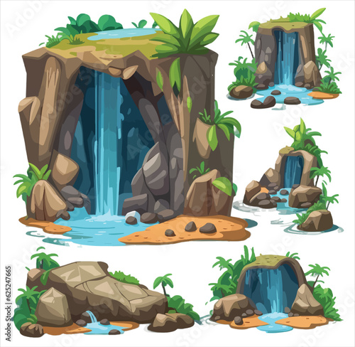 Waterfalls set. Cartoon landscapes with mountains and tree. River falls from cliff. Picturesque tourist attraction with clear water