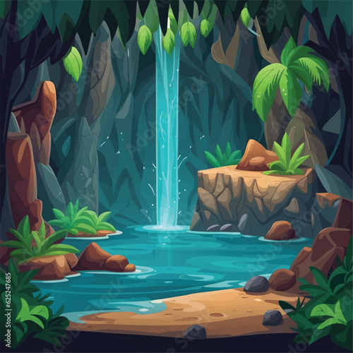 Waterfalls set. Cartoon landscapes with mountains and tree. River falls from cliff. Picturesque tourist attraction with clear water