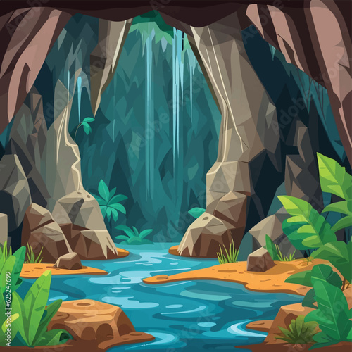 Waterfalls set. Cartoon landscapes with mountains and tree. River falls from cliff. Picturesque tourist attraction with clear water