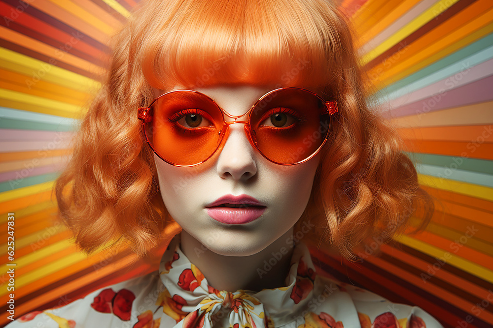 Fototapeta premium Portrait of a happy fair-haired woman in sunglasses Colourful psychedelic 1970s. AI generative.