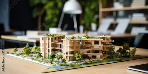 scale model of modern eco friendly apartment building complex in architect office. sustainable housing development. generative AI