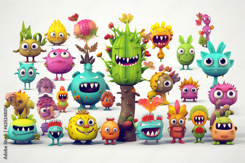 Vegetables and fruits character collection and icons funny stylized sketch cartoon characters. Generative AI. Vegetables and fruits character collection and icons funny stylized sketch cartoon characters. Generative AI.