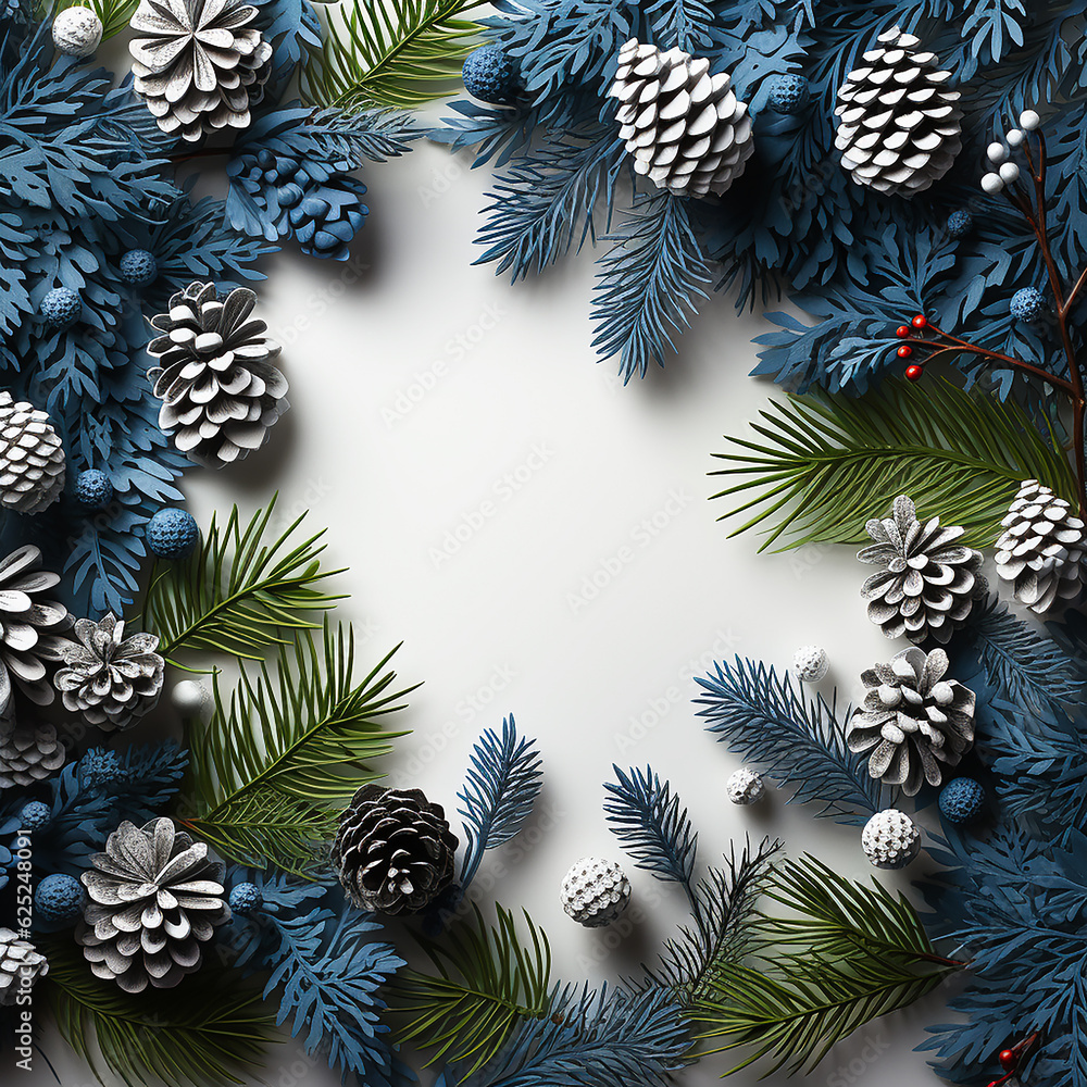 Fototapeta premium Christmas composition with snow and spruce branches and Christmas tree baubles. AI generative.