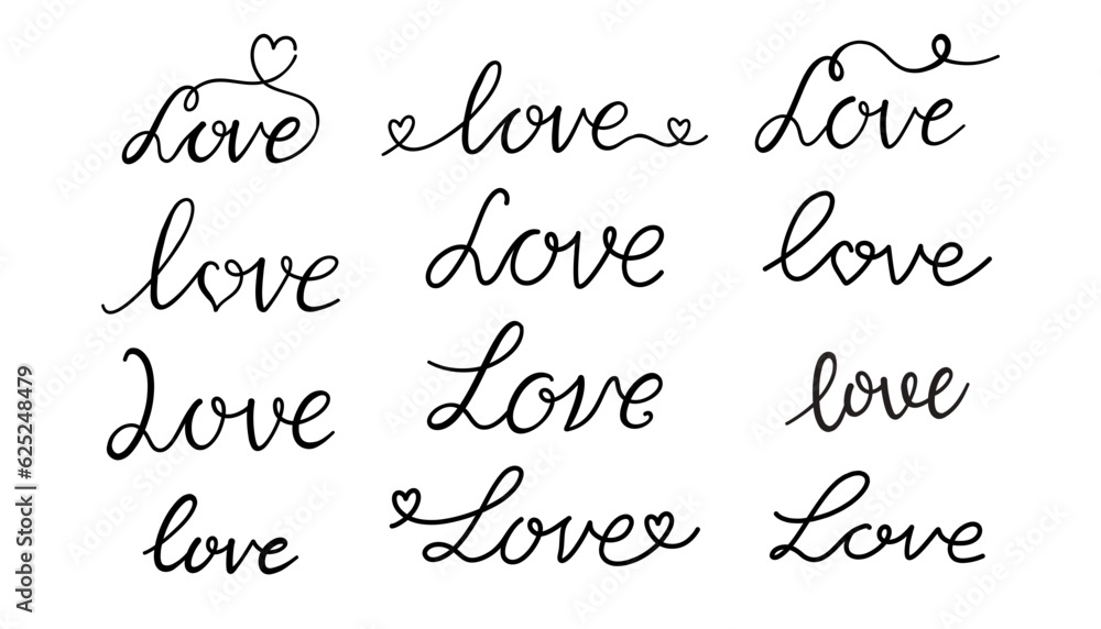 Hand lettering Love set. Love, heart, relationship. Phrase for Valentines Day. Vector black letters on a white. Hand lettering Love set. Love, heart, relationship. Phrase for Valentines Day. Vector black letters on a white.