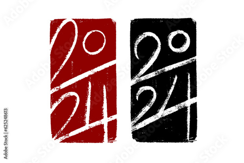 2024 vector hand-drawn numbers vertical compositions on stamp-like backgrounds. 2024 number design templates. Happy new year oriental style minimalistic concept for greeting materials.