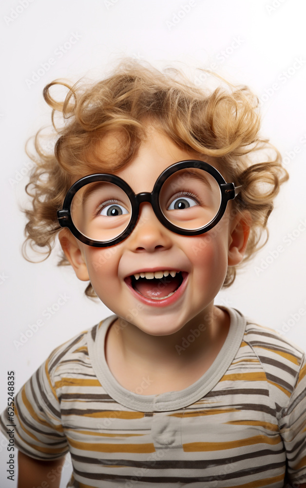 A bespectacled little boy has an expression of joyful amazement, eyes and mouth wide open A bespectacled little boy has an expression of joyful amazement, eyes and mouth wide open