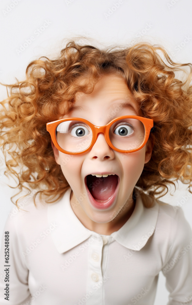 A bespectacled little girl has an expression of joyful amazement, eyes and mouth wide open