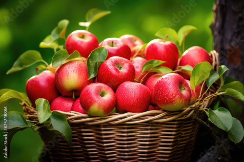 Wicker basket full of apples on green leaves background