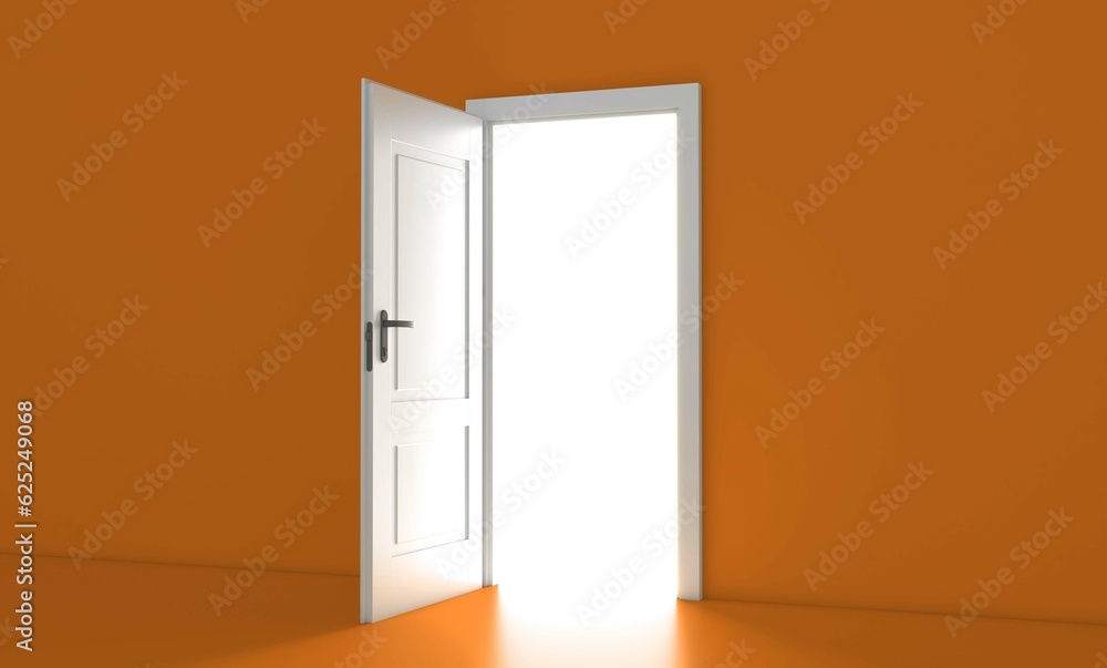 Open the door. Symbol of new career, opportunities, business ventures and initiative. Business concept. 3d render, white light inside open door isolated on yellow background. Modern minimal concept. Open the door. Symbol of new career, opportunities, business ventures and initiative. Business concept. 3d render, white light inside open door isolated on yellow background. Modern minimal concept.