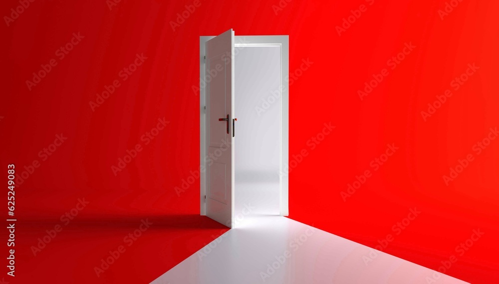 Open the door. Symbol of new career, opportunities, business ventures and initiative. Business concept. 3d render, white light inside open door isolated on red background. Modern minimal concept. Open the door. Symbol of new career, opportunities, business ventures and initiative. Business concept. 3d render, white light inside open door isolated on red background. Modern minimal concept.