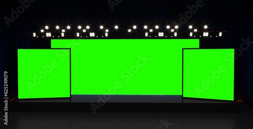 Empty stage design for mockup and corporate identity  display. Platform elements in hall. Green screen stage banner. Scene event led night light staging. 3d rendering for online.